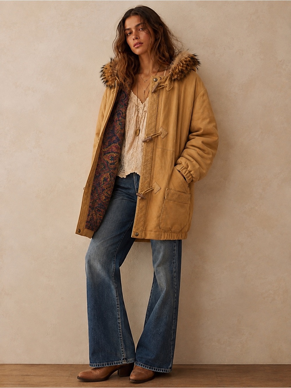 Vintage J. Percy for Marvin Richards Tan Leather Fox fur Hood S